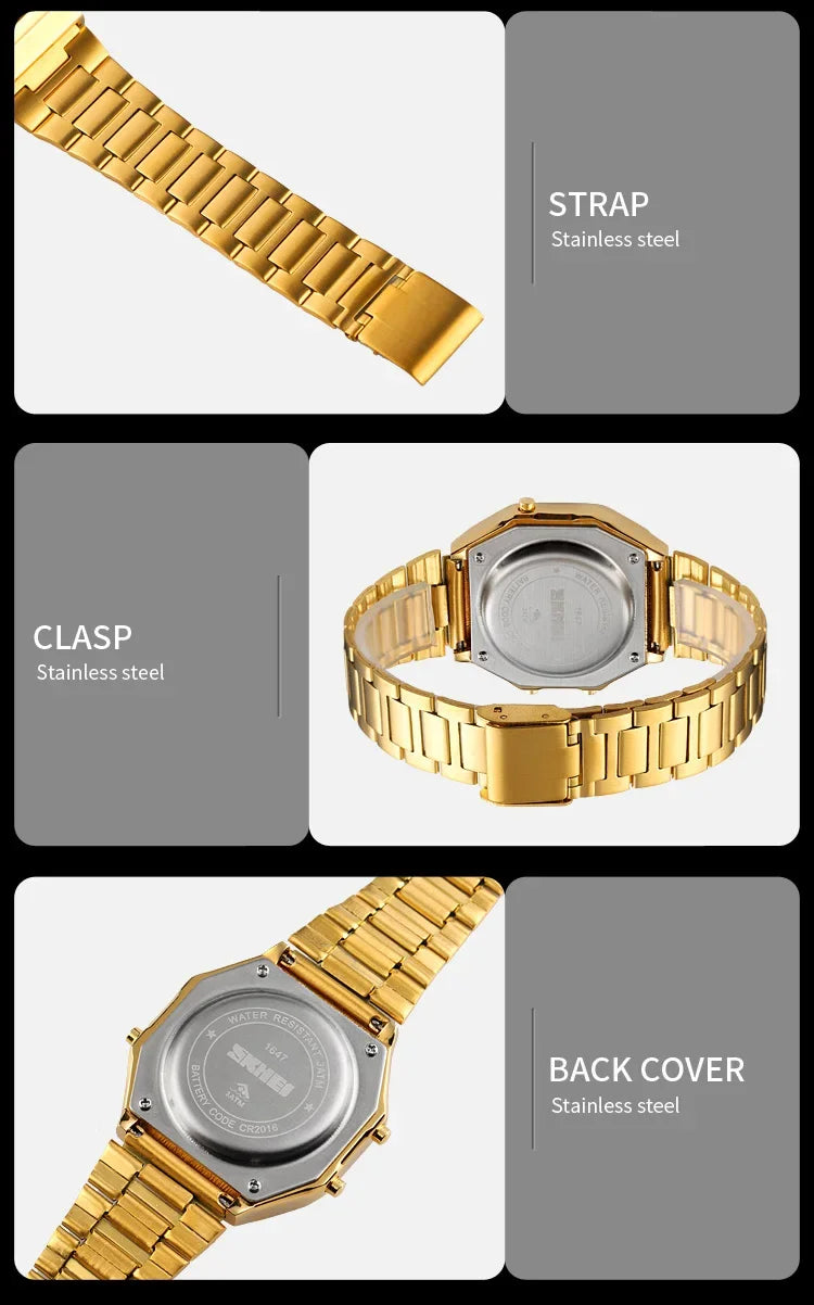 Retro LED Digital Watch – Stainless Steel Wristwatch for Men
