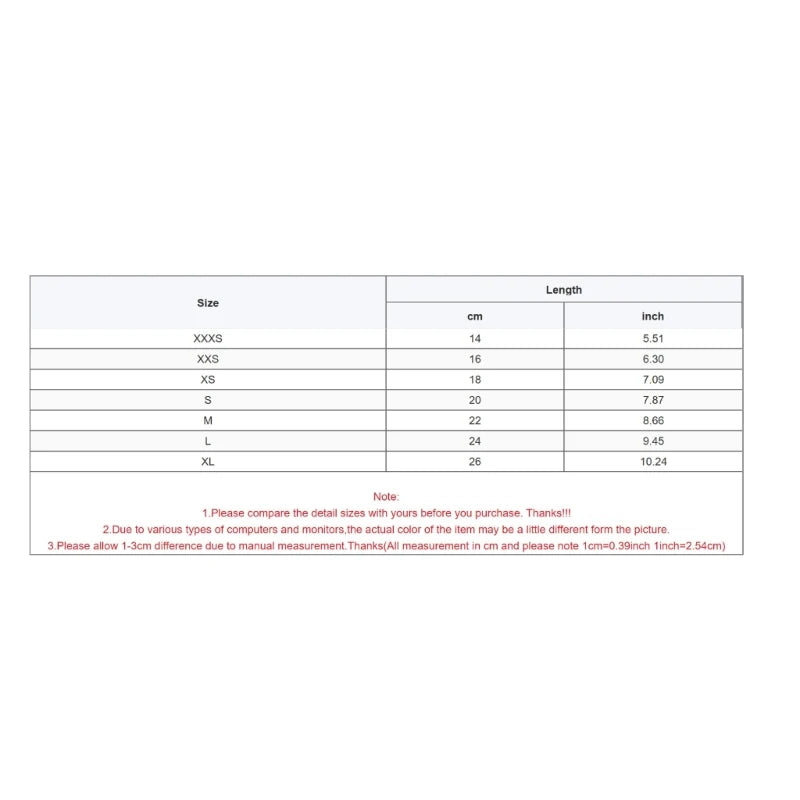 Size chart with measurements in centimeters and inches for sizes XXXS to XL, home essentials guide