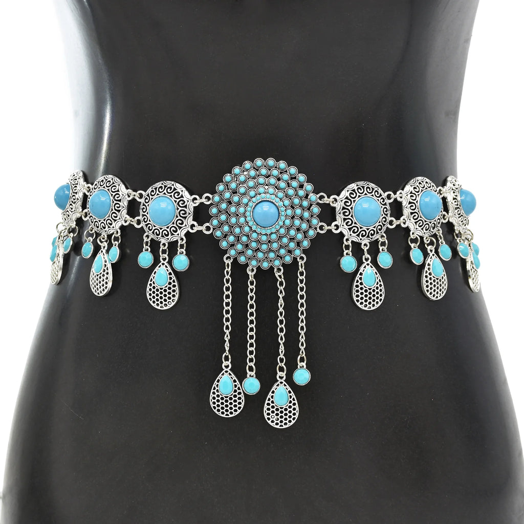 Boho silver waist belt with blue turquoise stones and dangling chain accents