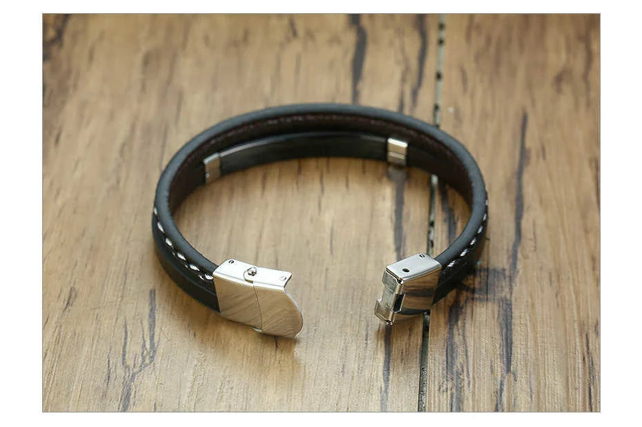 Genuine Leather Bar Bracelet – Stainless Steel Layered Bangle for Men Women