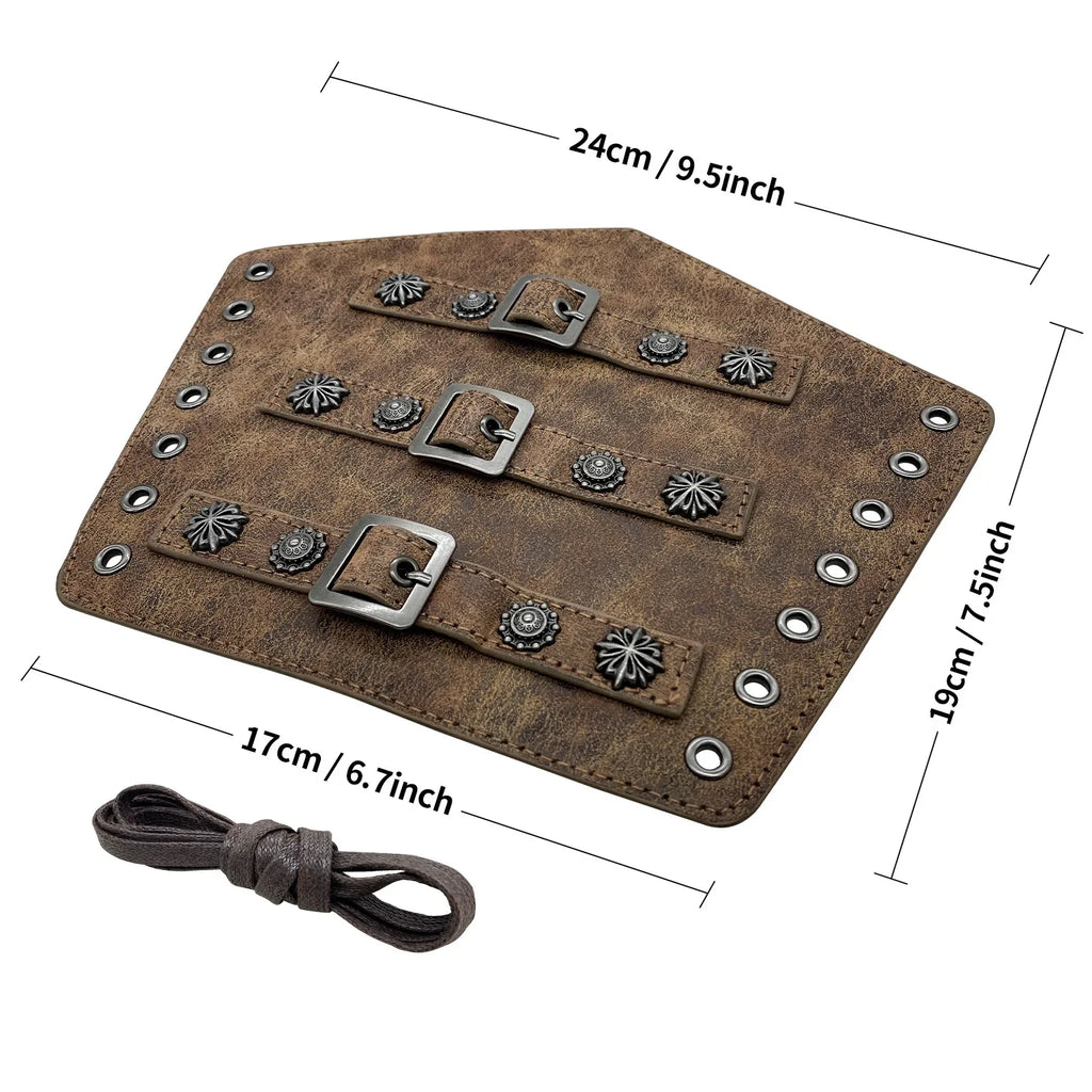 Brown faux leather wristband cuff with metal buckles and floral studs, with dimensions shown.