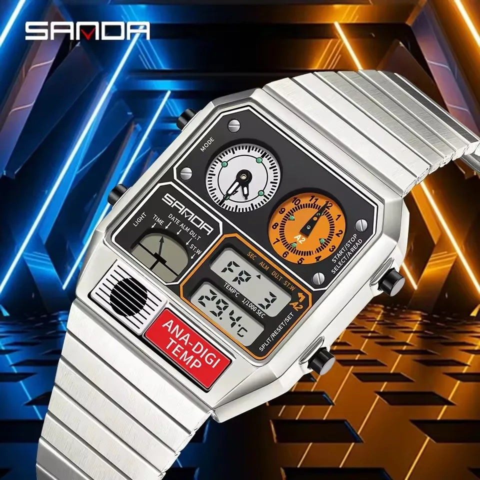 Square Stainless Steel Digital Watch – Temperature Gauge for Men's Sports