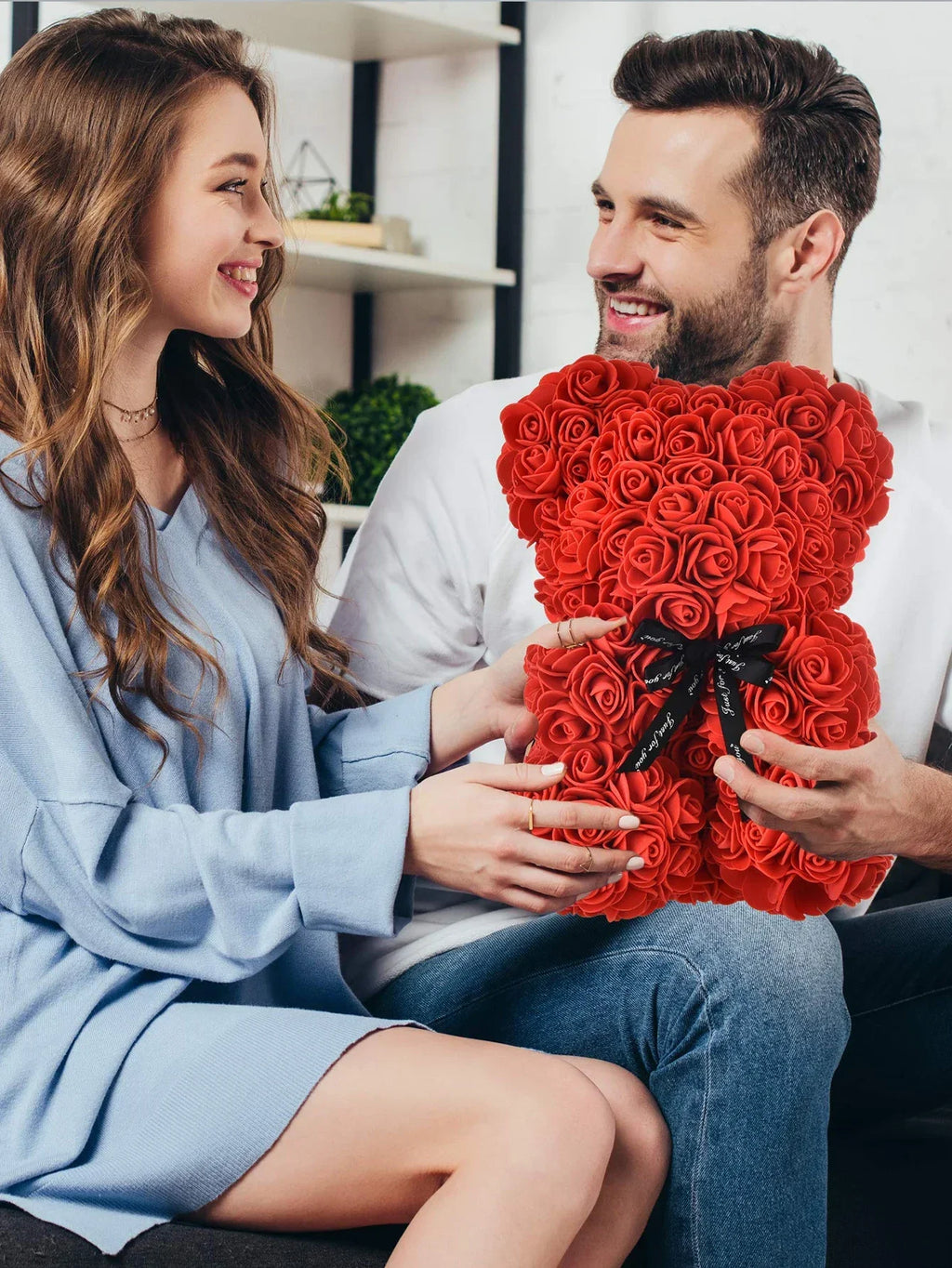 Artificial Rose Teddy Bear – 25cm Flower Figurine for Anniversary Gifts
