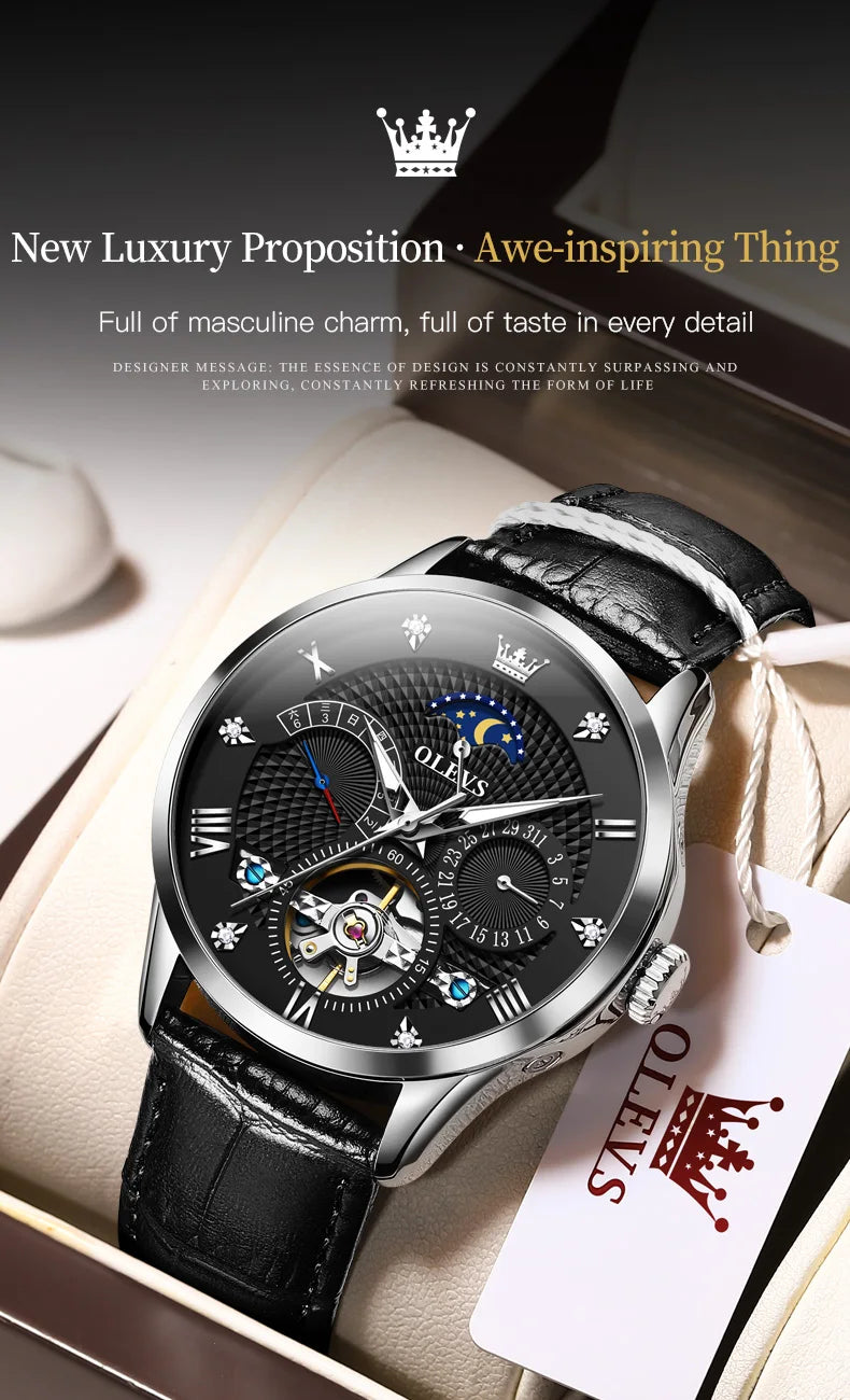 OLEVS Automatic Mechanical Watch – Leather Strap Flywheel for Business Casual