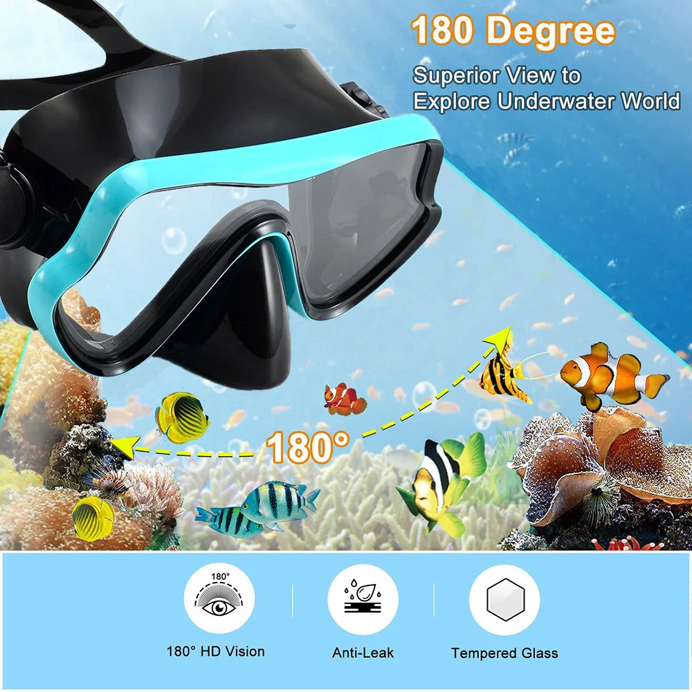 Tempered Glass Scuba Mask Set – Panoramic Snorkeling Gear for Adults