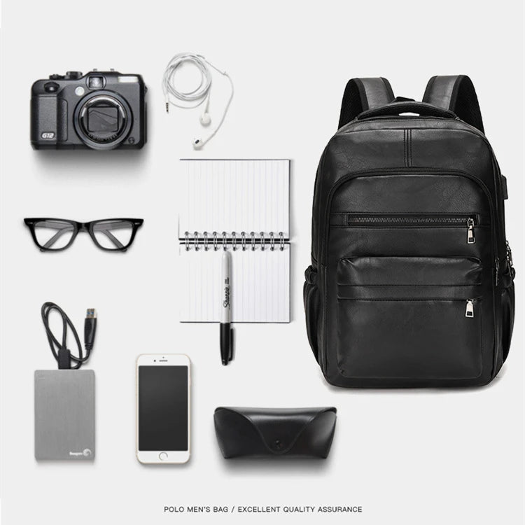 PU Leather USB Charging Laptop Backpack – Large Travel Bag for Men and Students