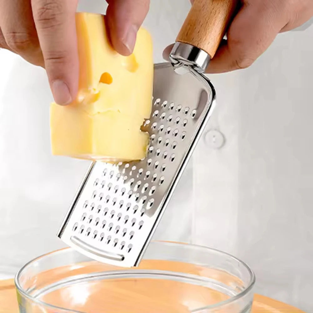 Stainless Steel Cheese Grater – Wooden Handle Tool for Kitchen Baking