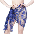 Blue sequin mesh hip scarf wrap for dance or beachwear, tied around waist