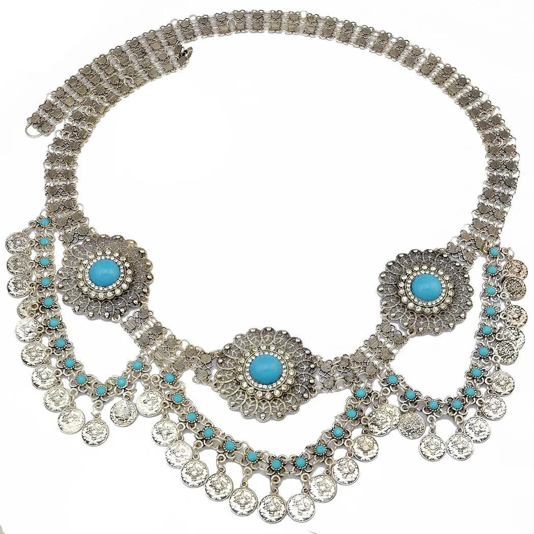 Boho silver coin belt with turquoise accents and floral medallion designs, home decor accessory