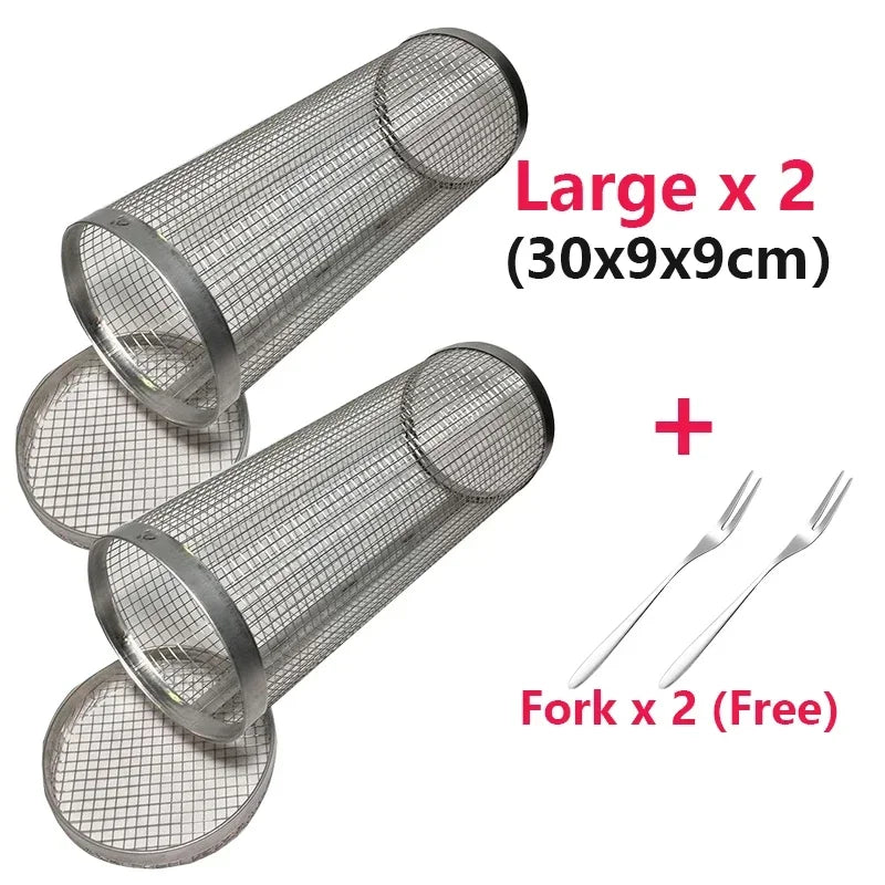 Stainless Steel Rolling Grill Basket – Cylindrical Mesh Rack for BBQ Camping