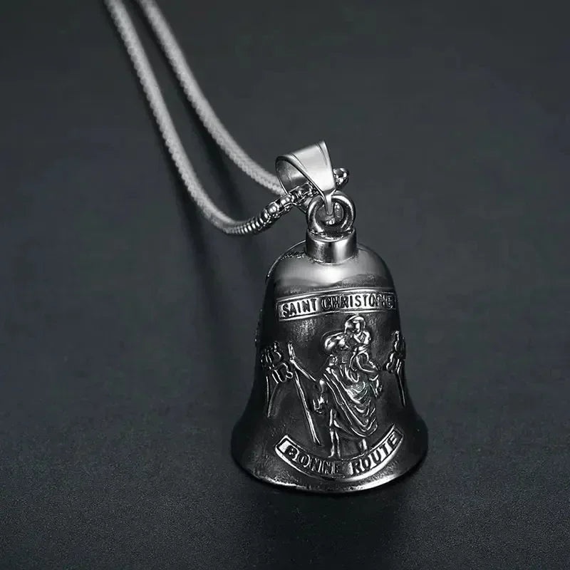 Vintage Jesus Cross Bell Pendant – Religious Biker Necklace for Men