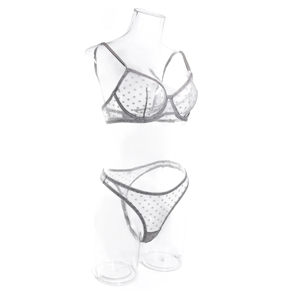 Polka Dot Mesh Lingerie Set – Sheer Underwire Bra and G-String for Women