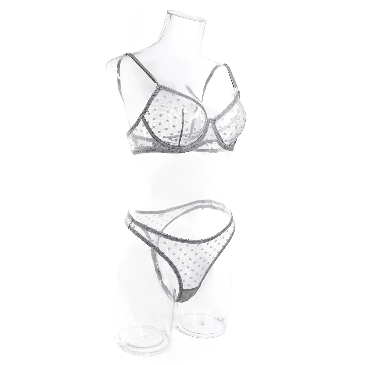 Polka Dot Mesh Lingerie Set – Sheer Underwire Bra and G-String for Women