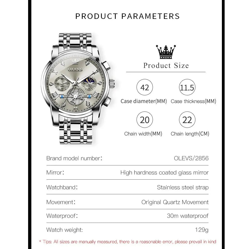 Quartz Chronograph Watch – Moon Phase Luminous Wristwatch for Men