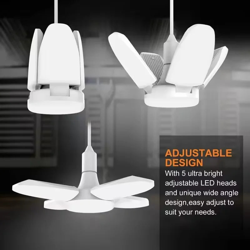 Foldable LED Fan Bulb – Adjustable 28W Ceiling Light for Garage and Warehouse