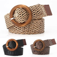 Braided Straw Waist Belt – Boho Wooden Buckle Accessory for Women