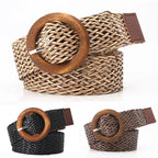 Braided Straw Waist Belt – Boho Wooden Buckle Accessory for Women