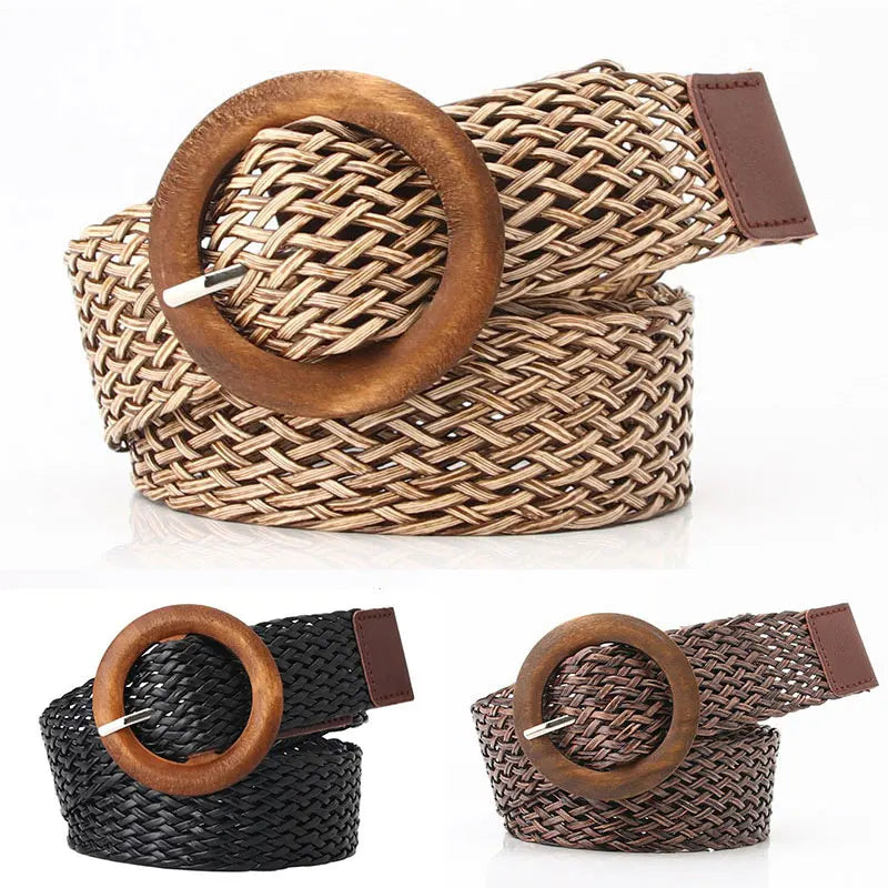 Braided Straw Waist Belt – Boho Wooden Buckle Accessory for Women