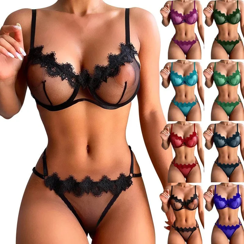 Lace Mesh Lingerie Set – See-through Floral Embroidery for Romantic Evenings