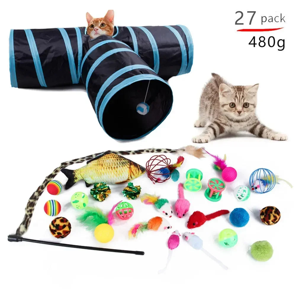 Interactive Cat Play Tunnel – Foldable Mouse and Fish Toy Set for Pets