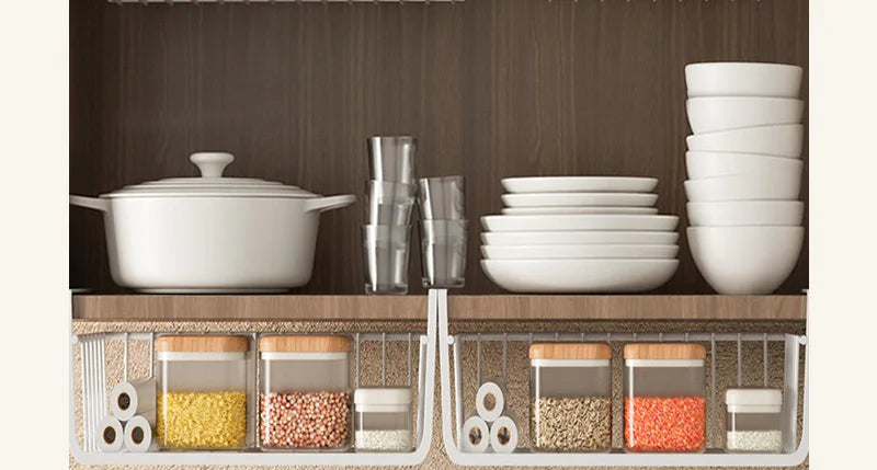 Iron Under Cabinet Hanging Baskets – Heavy Duty Storage for Kitchen Pantry