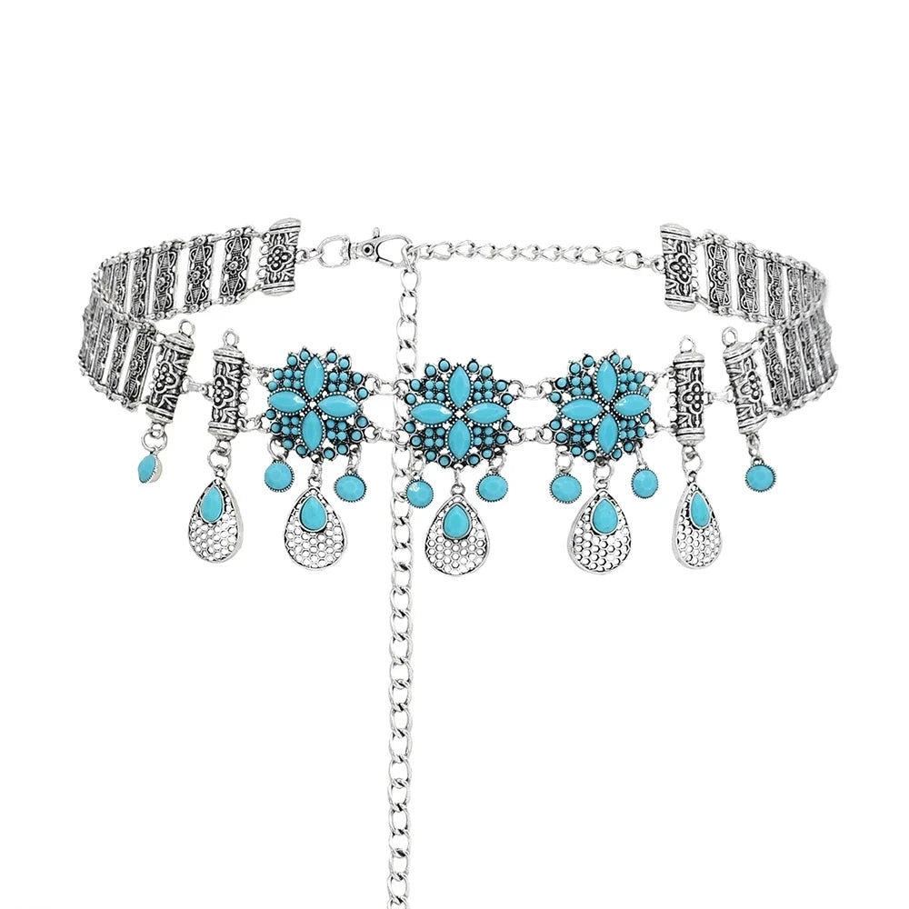 Boho silver choker necklace with turquoise stones and dangling teardrop charms