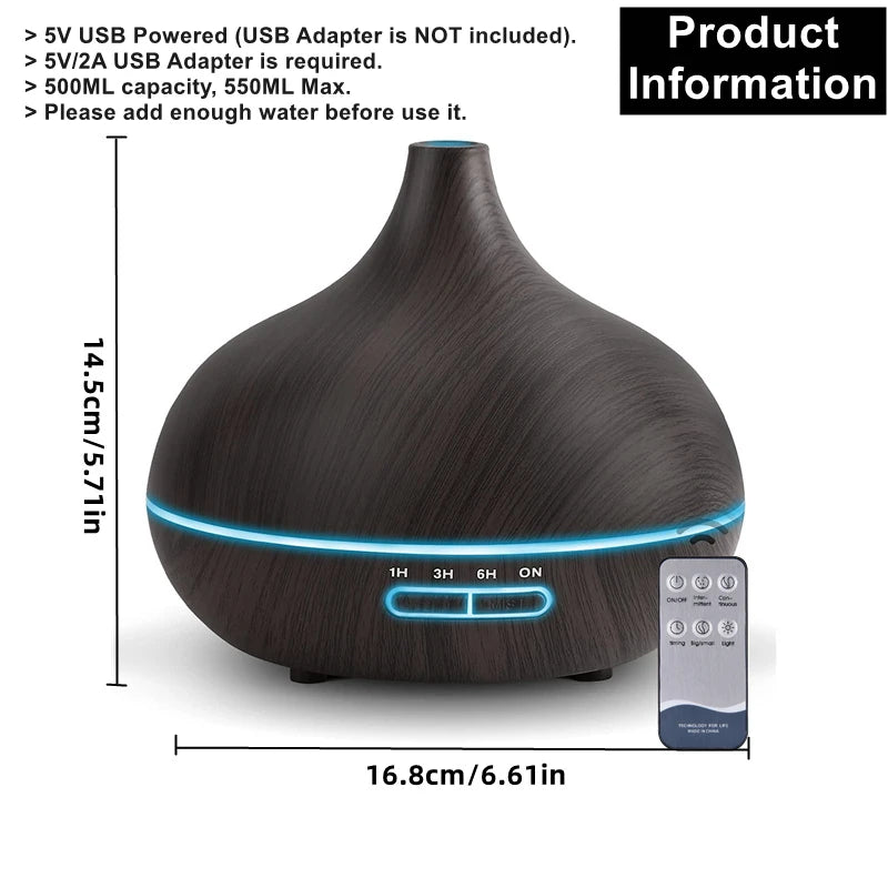 Wood Grain Aroma Diffuser – 550ml USB Humidifier for Home Relaxation