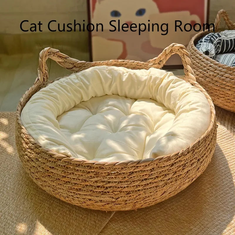 Handmade Woven Vine Cat Bed – Washable Seasonal Pet Nest for Winter Comfort