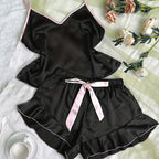 Satin V-Neck Pajama Set – Ruffled Bow Shorts for Loungewear and Sleep