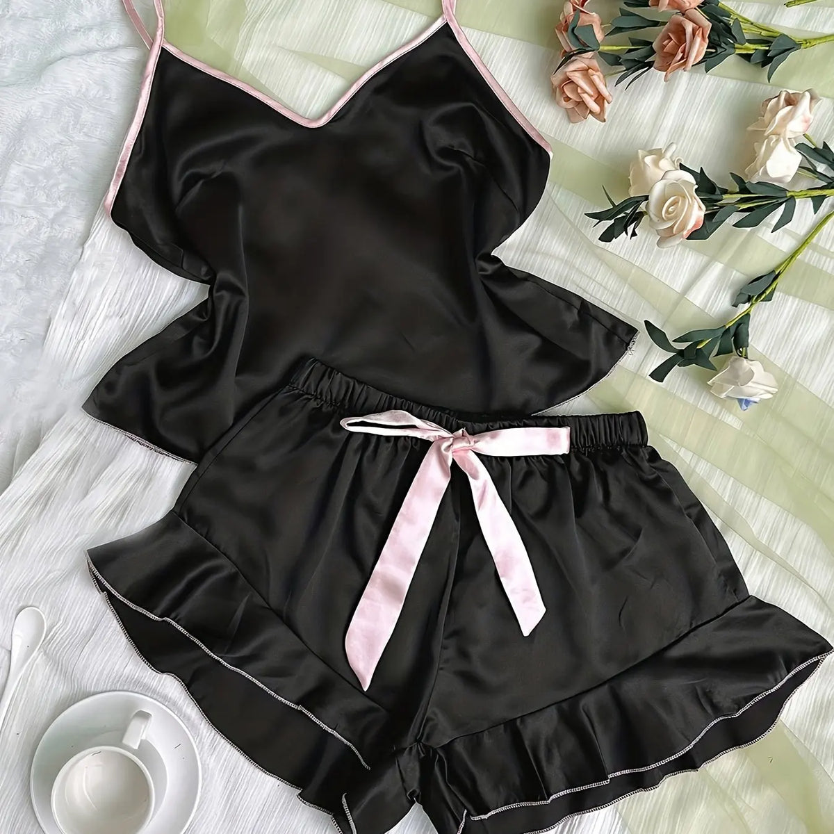 Satin V-Neck Pajama Set – Ruffled Bow Shorts for Loungewear and Sleep