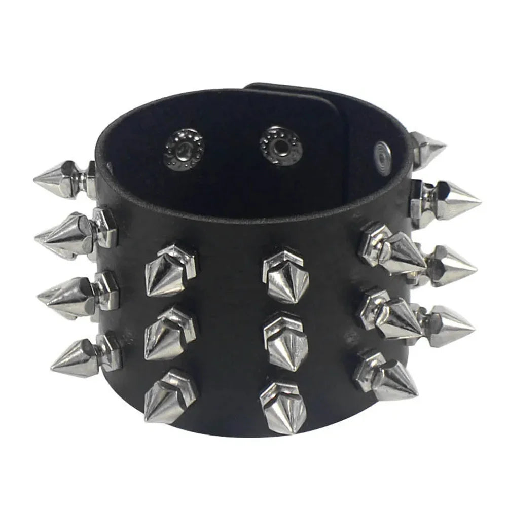 Studded Faux Leather Cuff Bracelet – Adjustable Spike Rivet Punk Cosplay