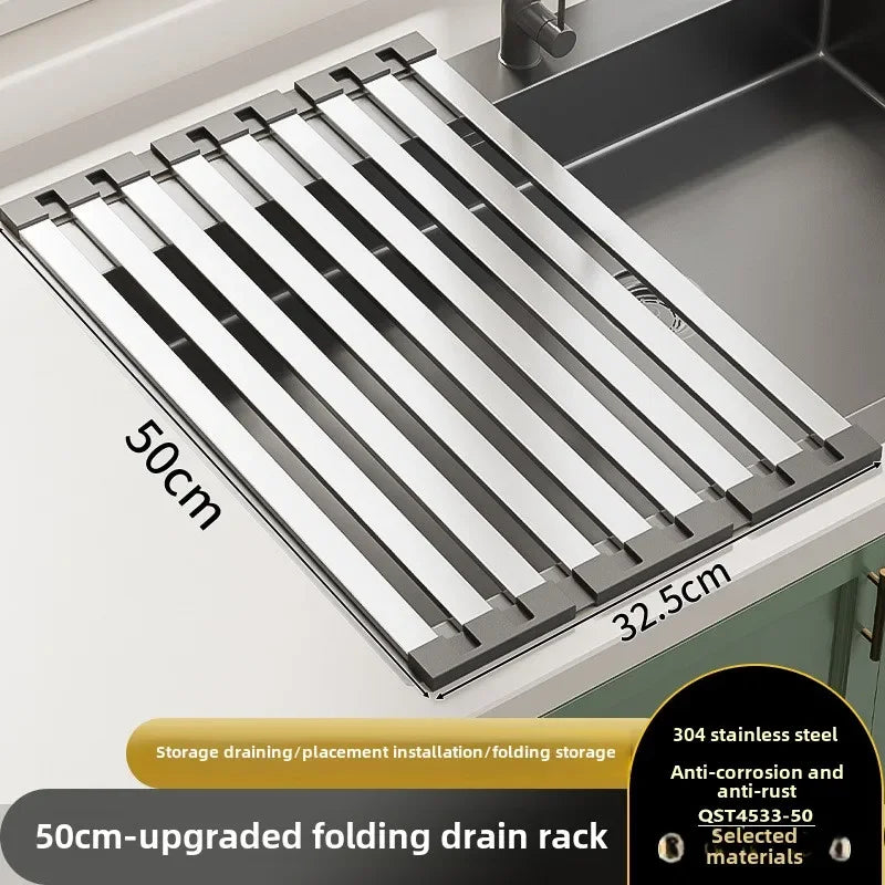 Stainless Steel Roll Up Drain Rack – Foldable Kitchen Dish Drying Basket