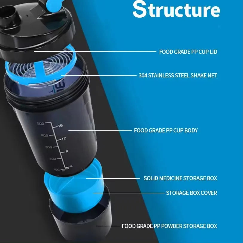 3-Layer Protein Shaker Bottle – Large Capacity Mixer for Fitness Gym Workouts