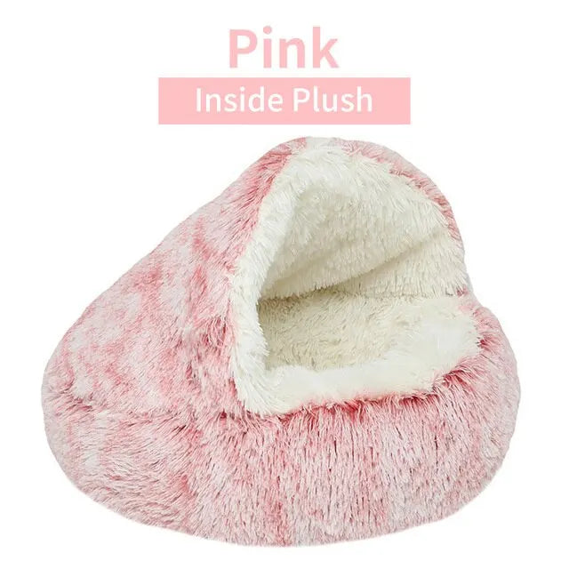 Plush Round Pet Bed – Warm 2-in-1 Cave Mattress for Small Cats and Dogs
