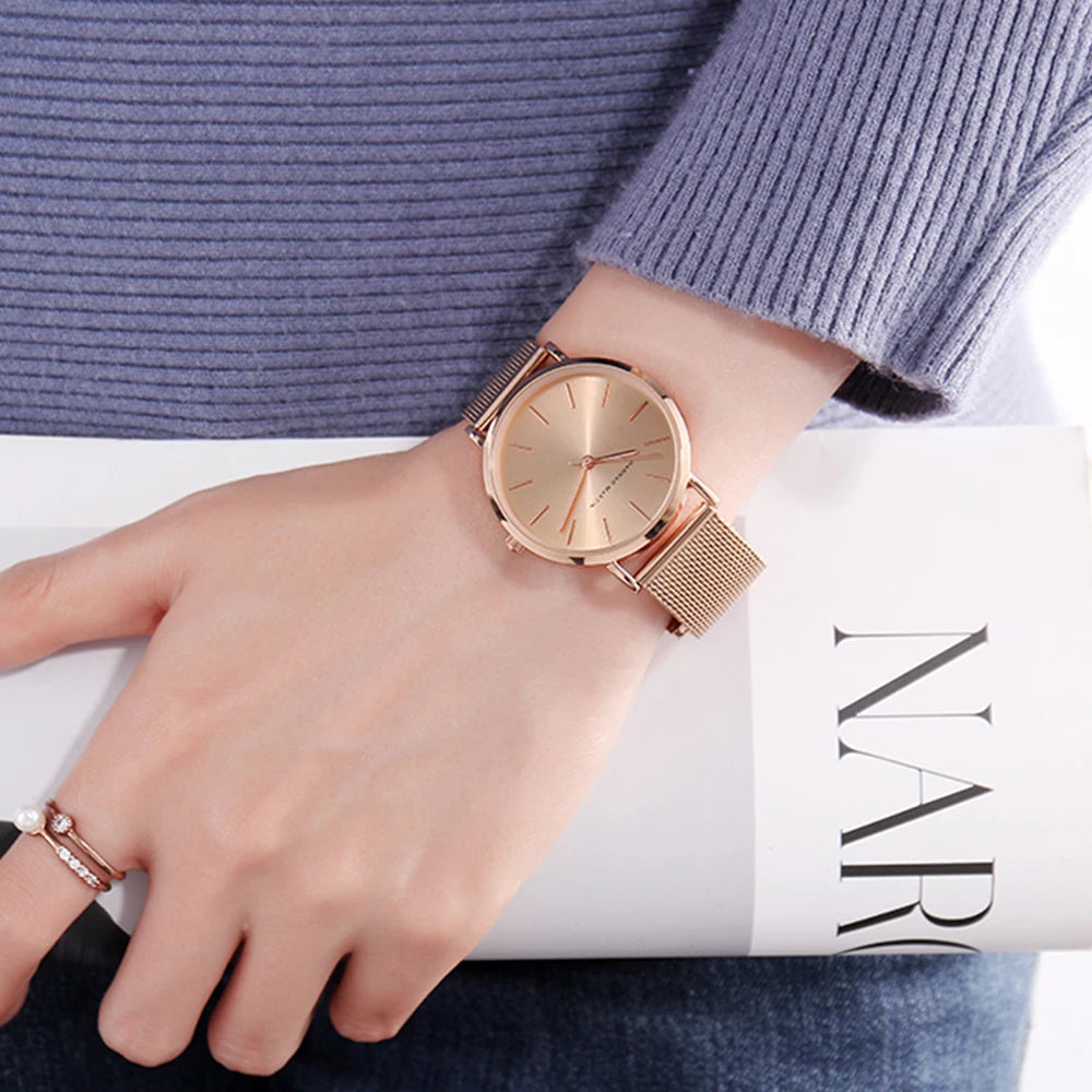 Rose Gold Stainless Steel Watch – Japan Quartz Waterproof for Ladies