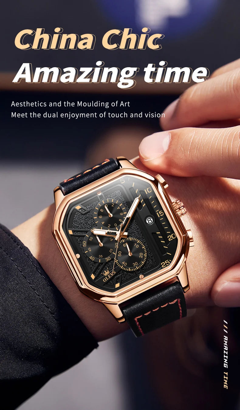 Square Leather Chronograph Watch – Waterproof Quartz Timepiece for Men
