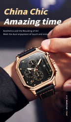 Square Leather Chronograph Watch – Waterproof Quartz Timepiece for Men