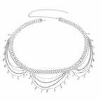 Silver layered choker necklace with chain links and leaf charms, boho jewelry accessory