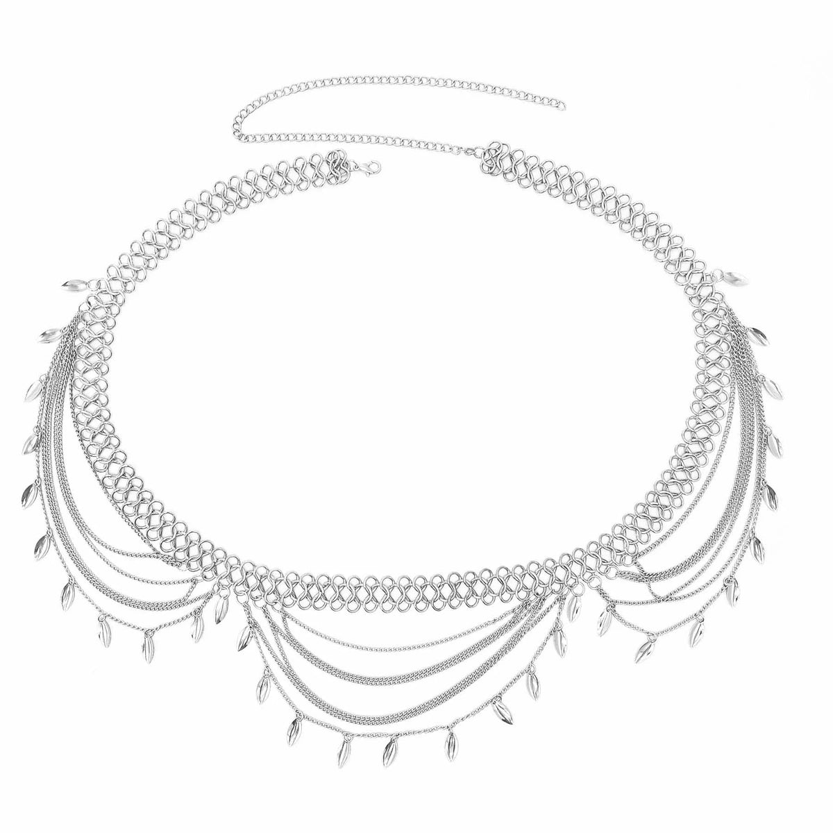 Silver layered choker necklace with chain links and leaf charms, boho jewelry accessory