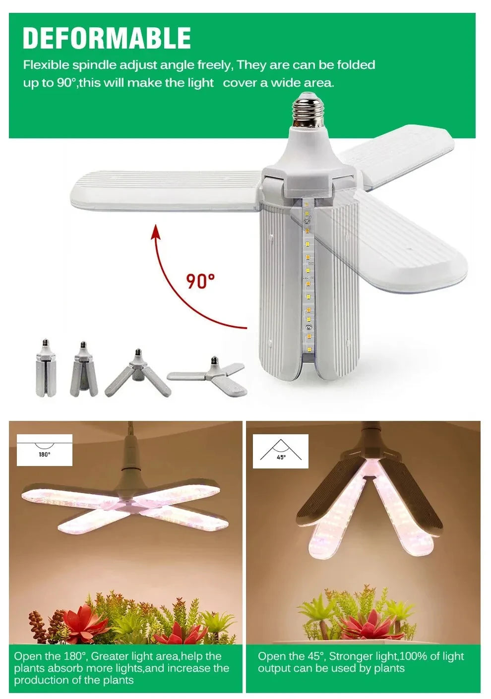 Foldable LED Grow Light – Full Spectrum E27 Bulb for Indoor Plant Seedlings