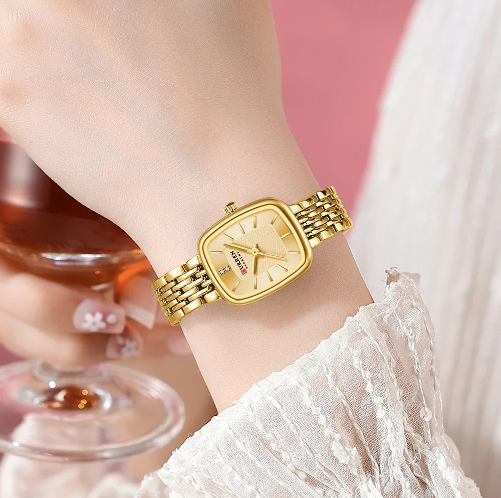 Gold Stainless Steel Quartz Watch – Elegant Square Dial for Business Fashion