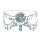 Boho silver statement belt with turquoise accents and dangling coin charms