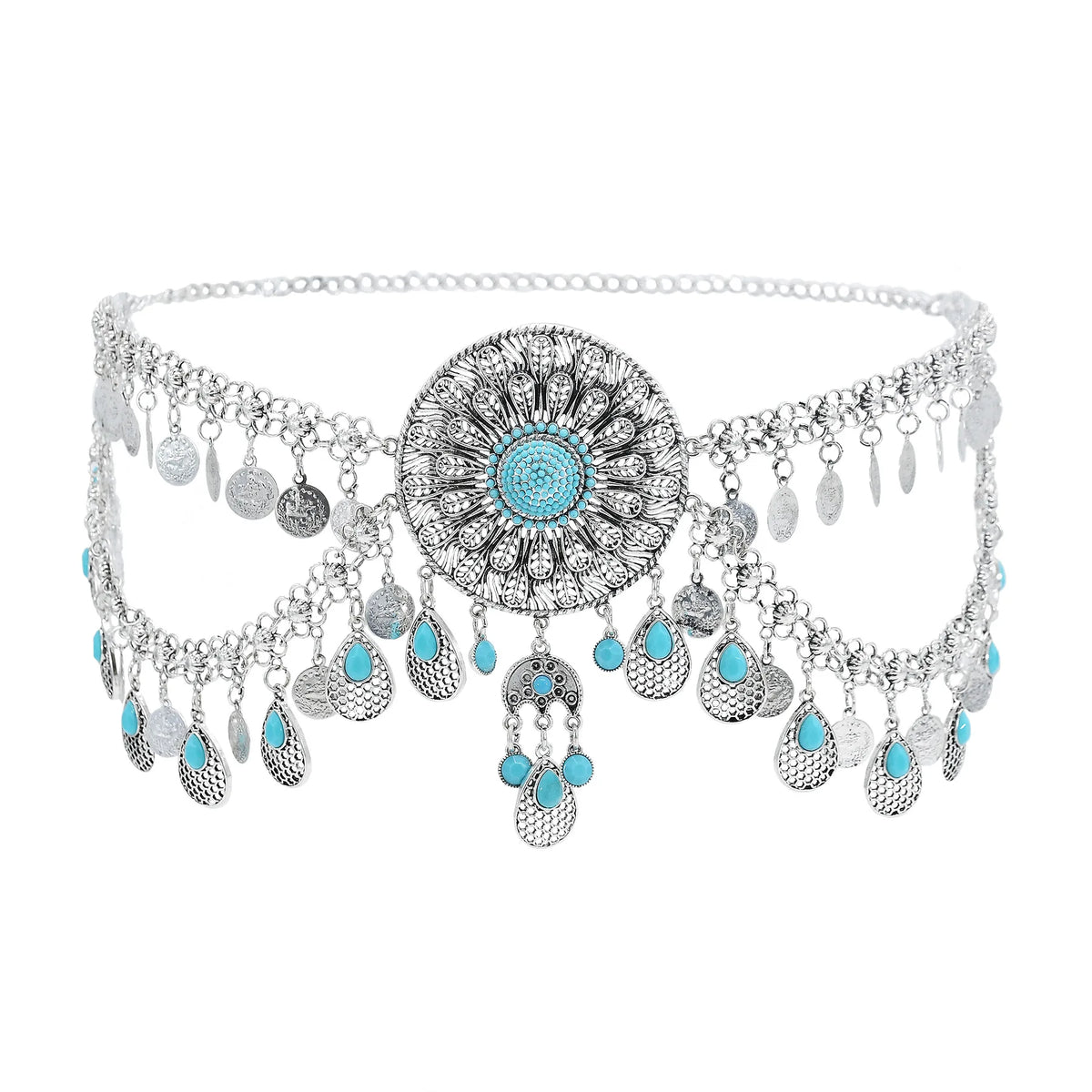 Boho silver statement belt with turquoise accents and dangling coin charms