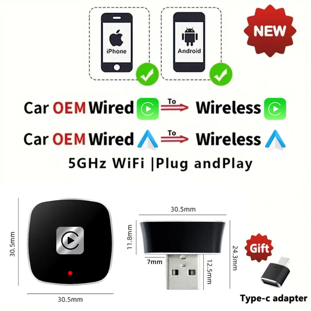 Wireless CarPlay Adapter – 2-in-1 USB Dongle for Apple iPhone and Android Auto
