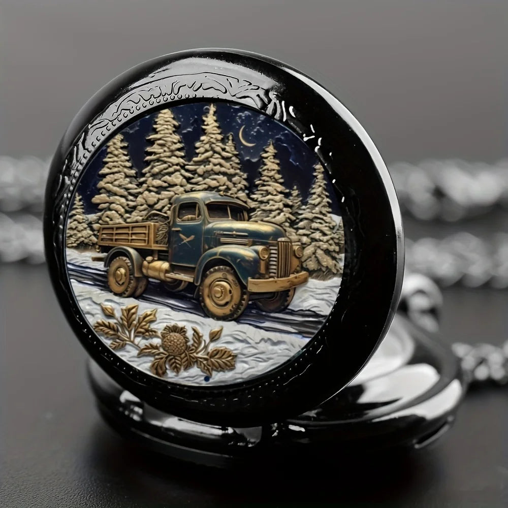 Forest Truck Quartz Pocket Watch – Vintage Necklace for Men Women and Kids