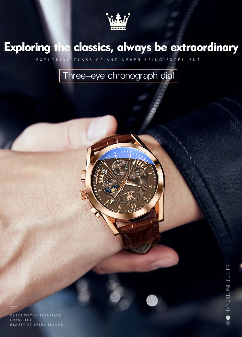 OLEVS Quartz Men's Watch – Luxury Waterproof Leather Wristwatch for Business