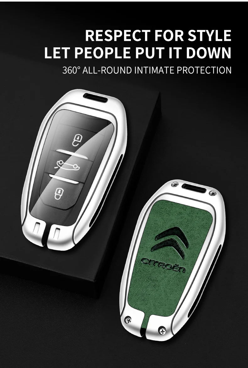 Zinc Alloy Leather Car Key Case – Protective Remote Cover for Citroen Models