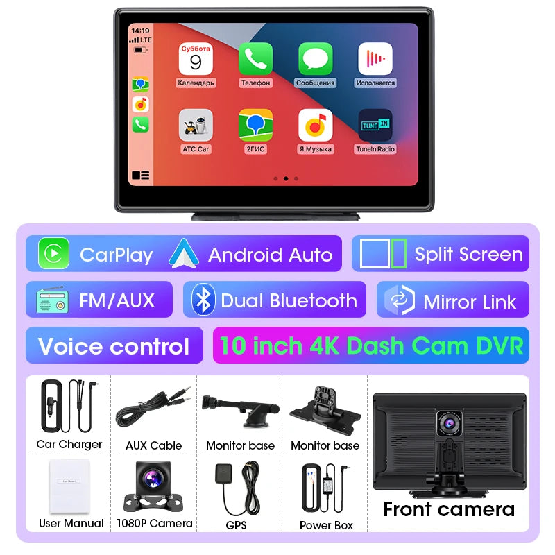 10 Inch 4K Dash Cam – Wireless Carplay GPS Navigator for Vehicle Dashboard
