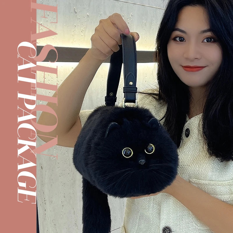 Plush Cat Shoulder Bag – Cute Winter Messenger Purse for Women