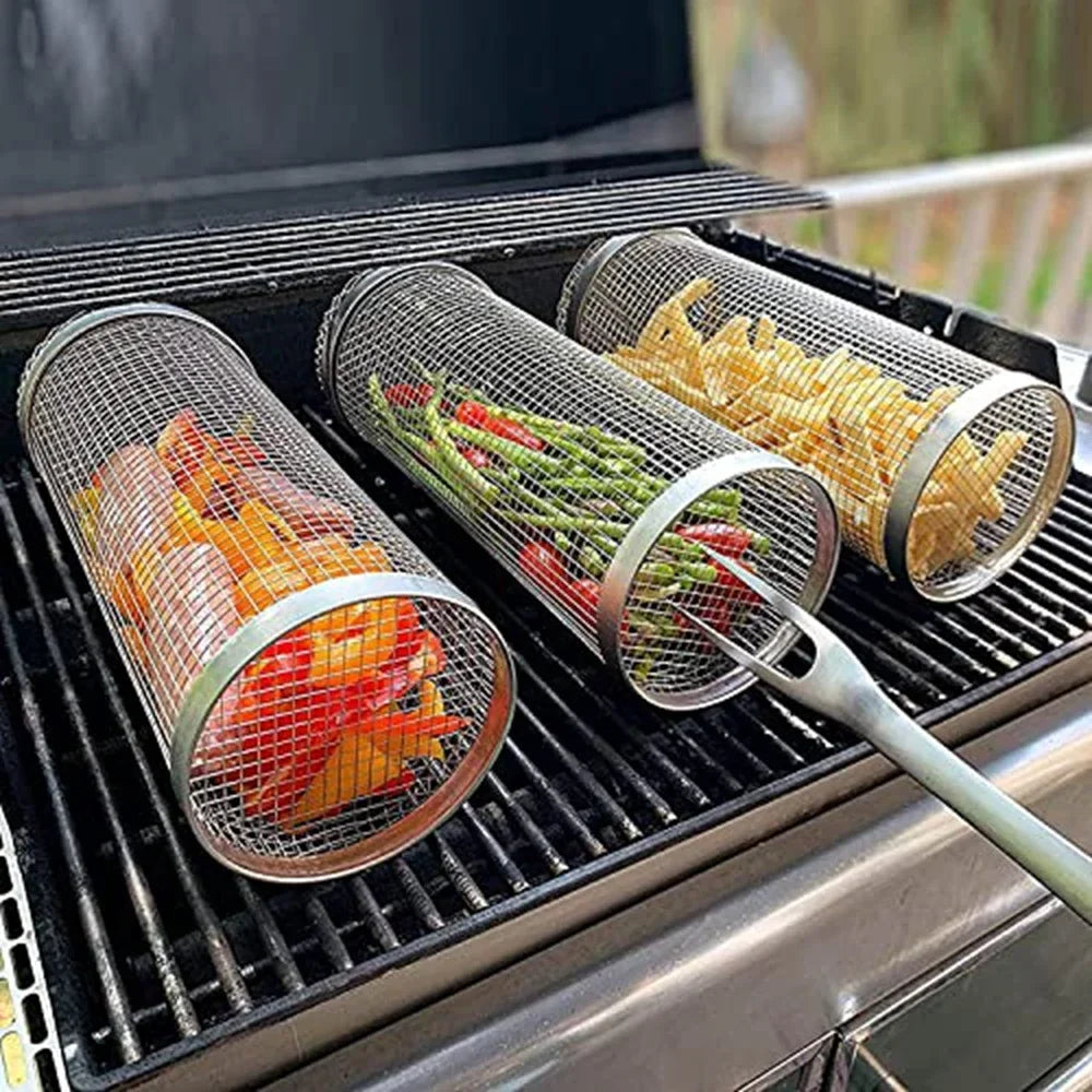 Stainless Steel Rolling Grill Basket – Cylindrical Mesh Rack for BBQ Camping